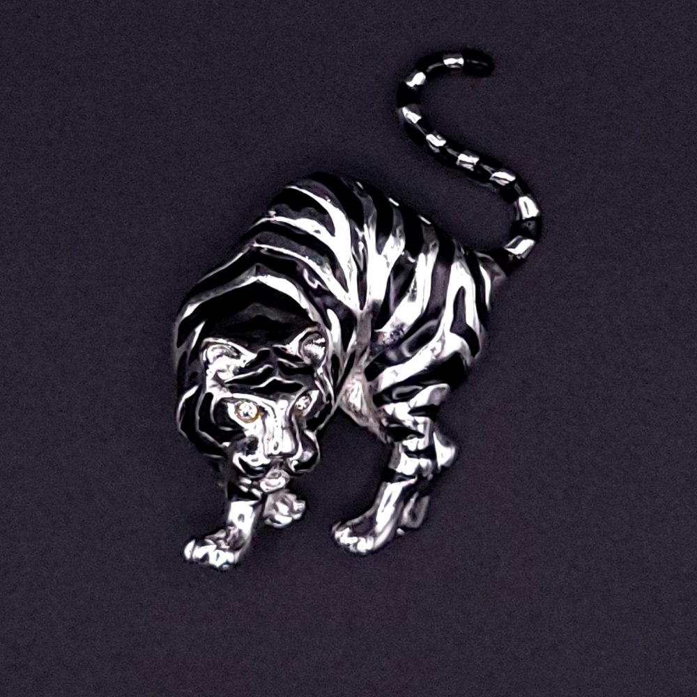 Vintage Silver & Black Enamel Tiger Brooch – Crystal Eyes – Statement Animal Pin